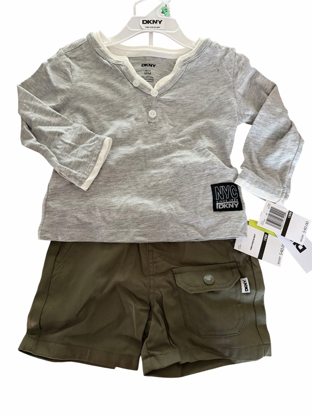 DKNY Grey Top with Olive Green Shorts Two-Piece Set